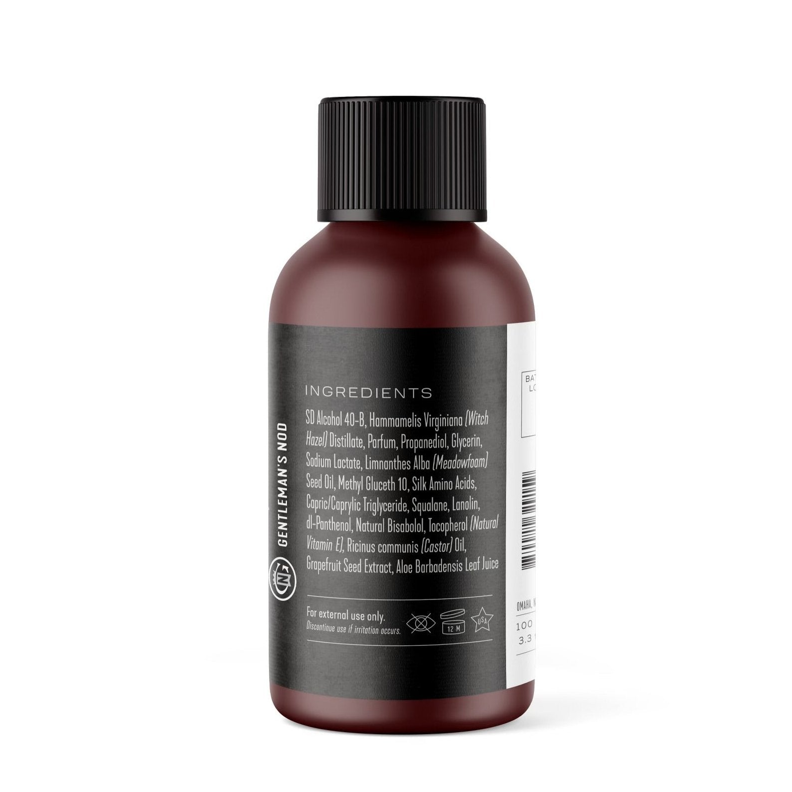 After shave splash label with ingredients - Damascus scent by carbon shaving co