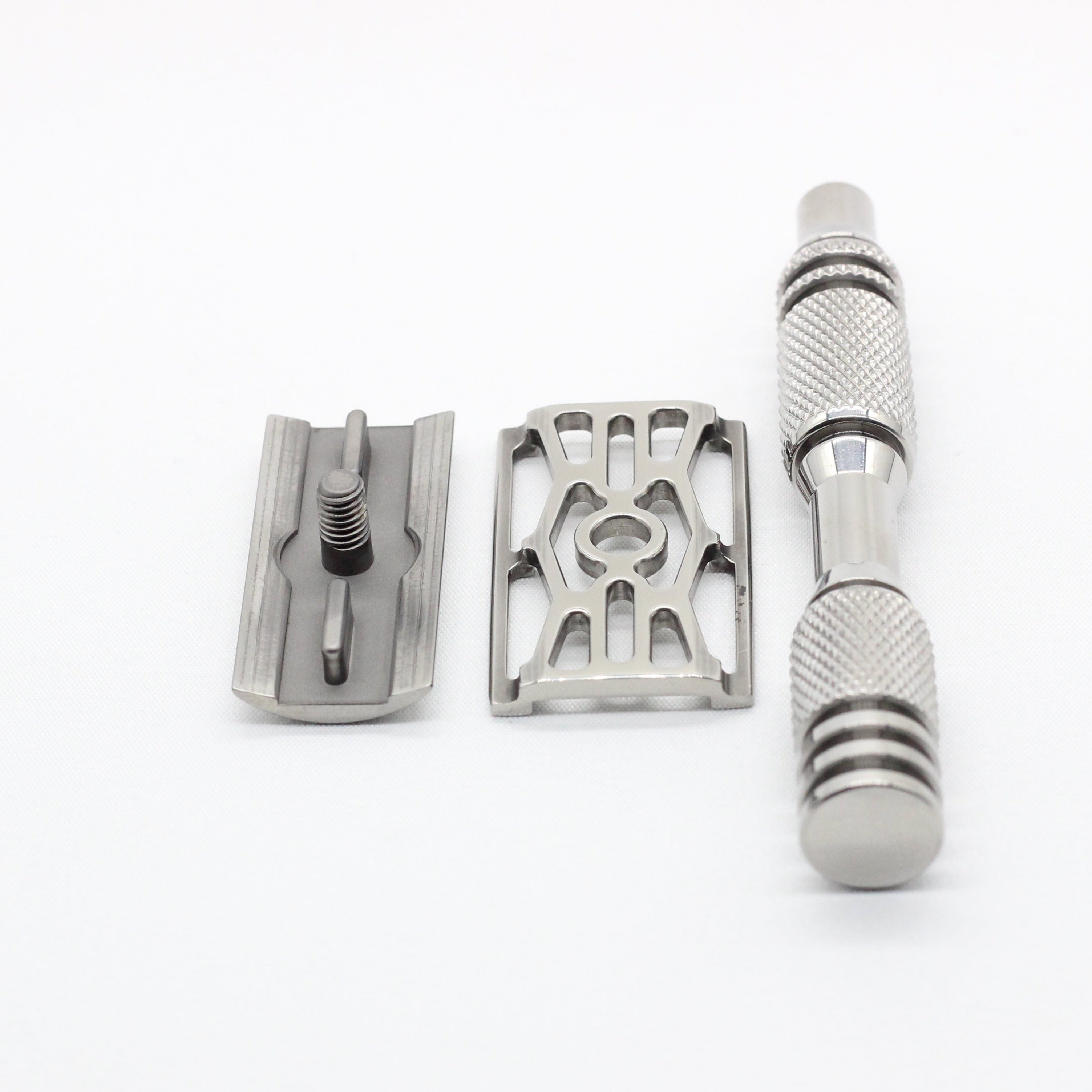 Luxury finish on titanium safety razor - underside of titanium shaver - bead blasted and polished titanium finish