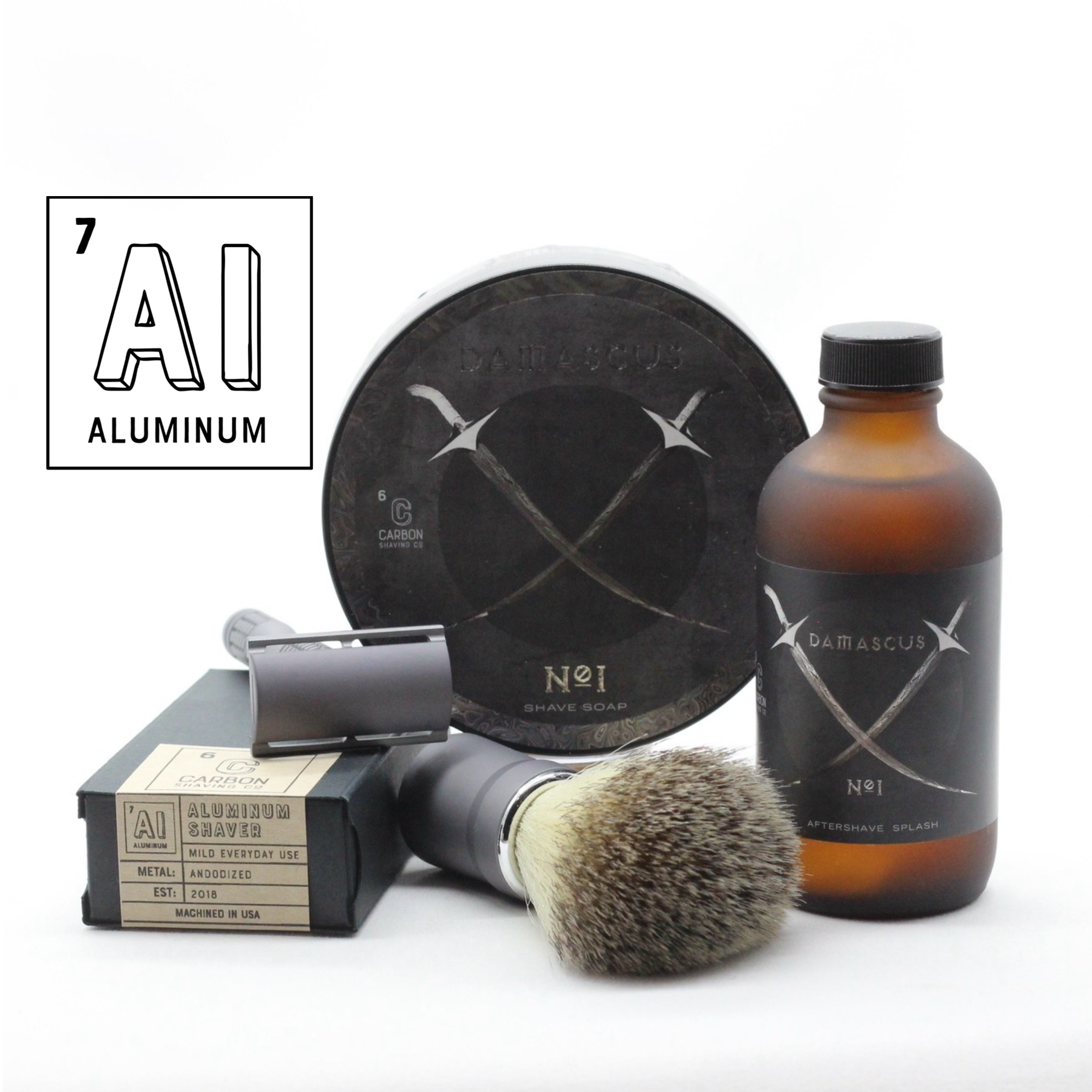 Shaving kit including shaving brush and razor with shaving soap and aftershave