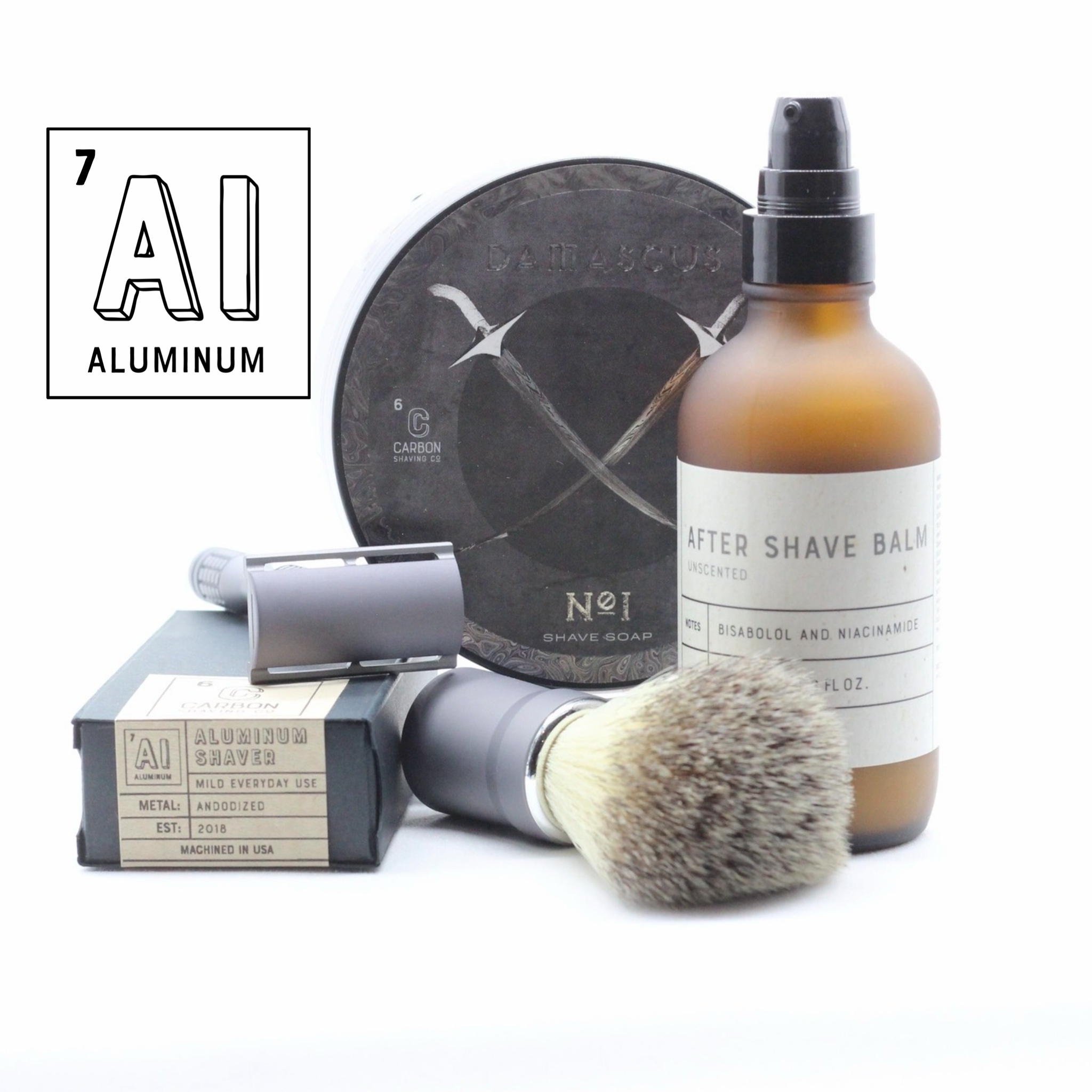 Shaving products including a bottle of after-shave balm, a shaving brush, and a razor on a white background.