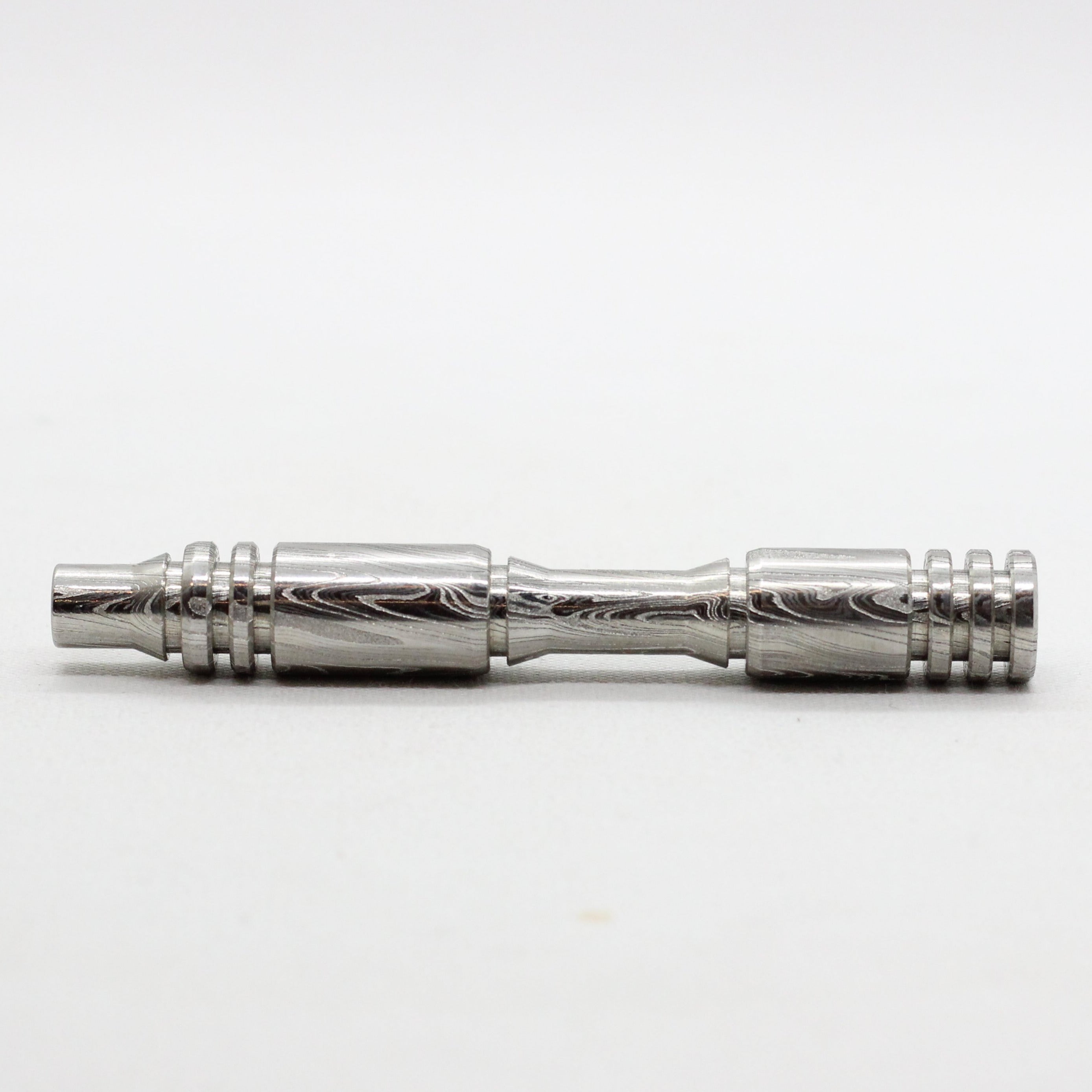 Side view of handle - Stainless steel Damascus with twist pattern single edge razor a double edge safety razor for wet shaving polished grade 304 and 316 - custom forged in the USA - luxury high end safety razor to reduce ingrown hairs and irritation - for a smooth shave