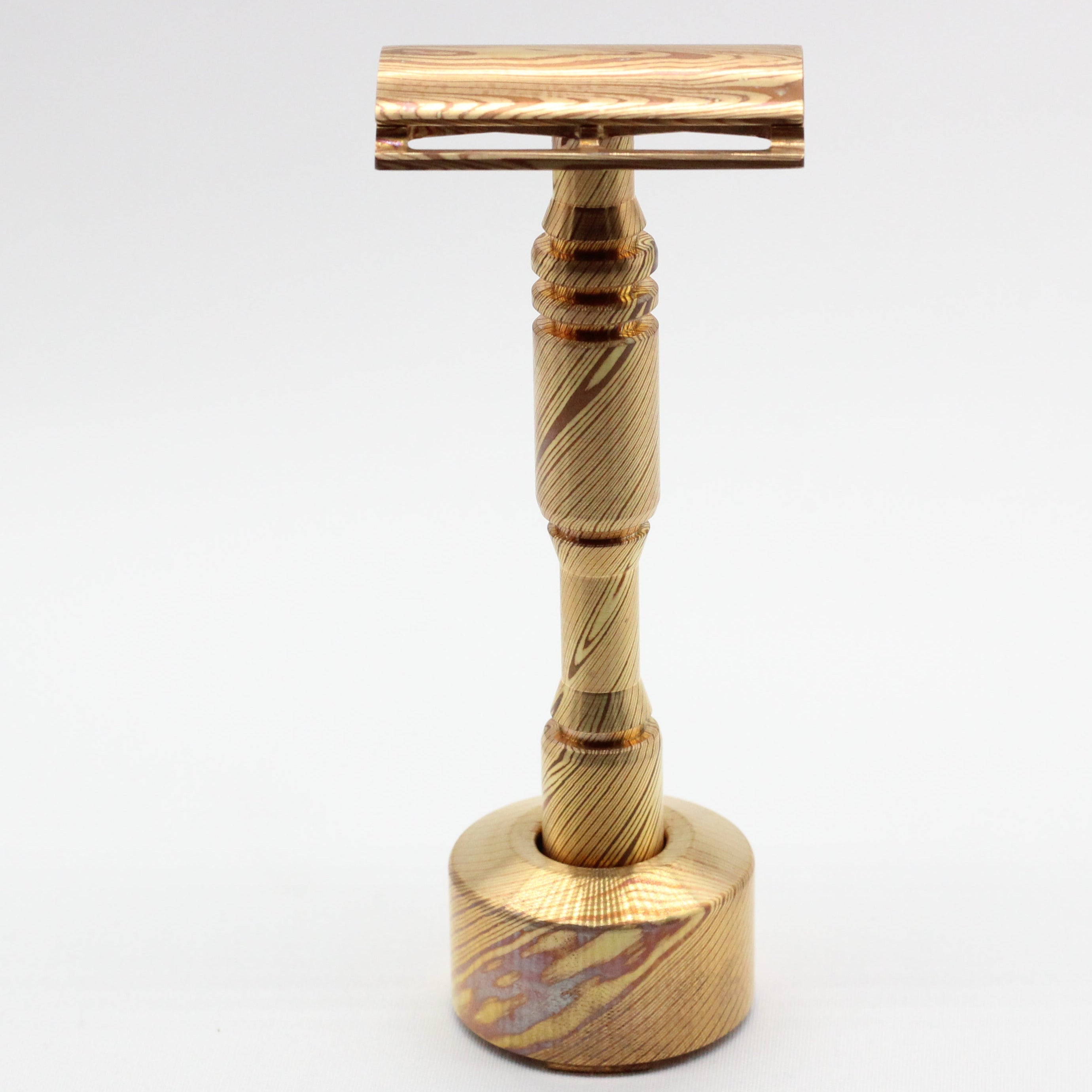 Cx-Mokume standing in a razor stand - Custom high end Mokume Gane copper and brass single edge razor a double edge safety razor for wet shaving polished and heat patina on mokume gane to reduce razor burn
