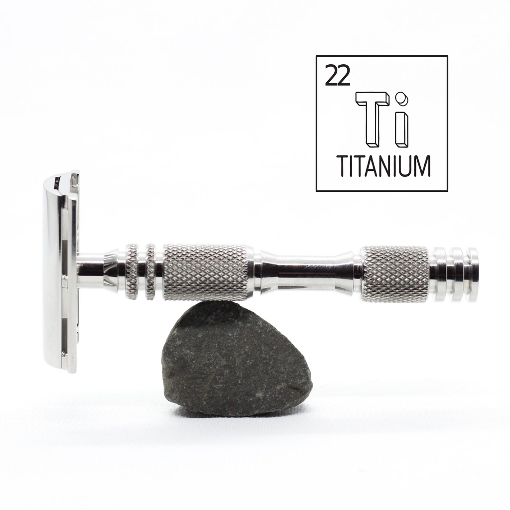 Balance point of Cx safety razor on rock - Polished Titanium single edge razor / double edge safety razor shaving - web plate / wet shaving