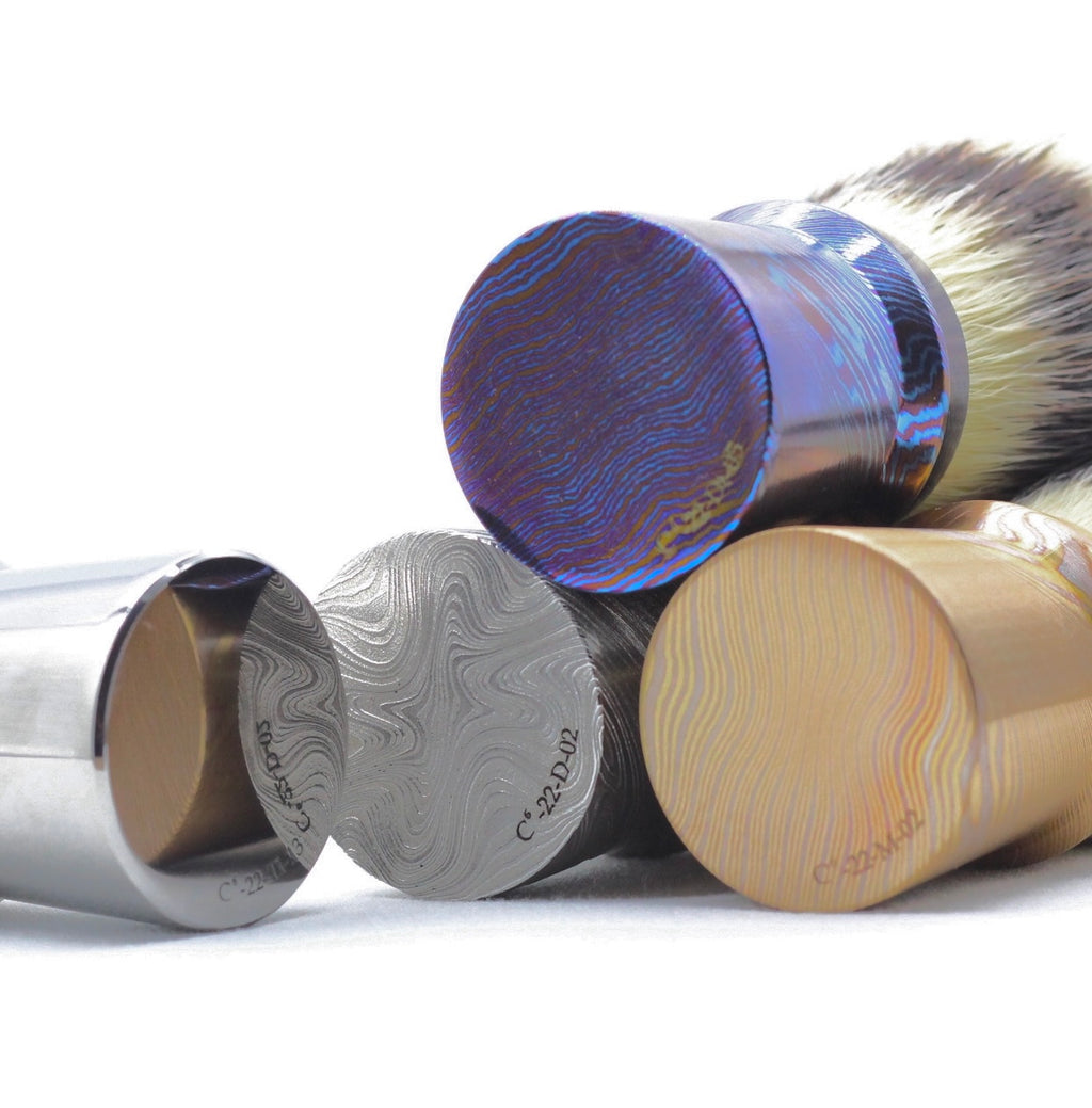 Exotic Shaving Brush - Mokume, Damtanium and Stainless Damascus Steel