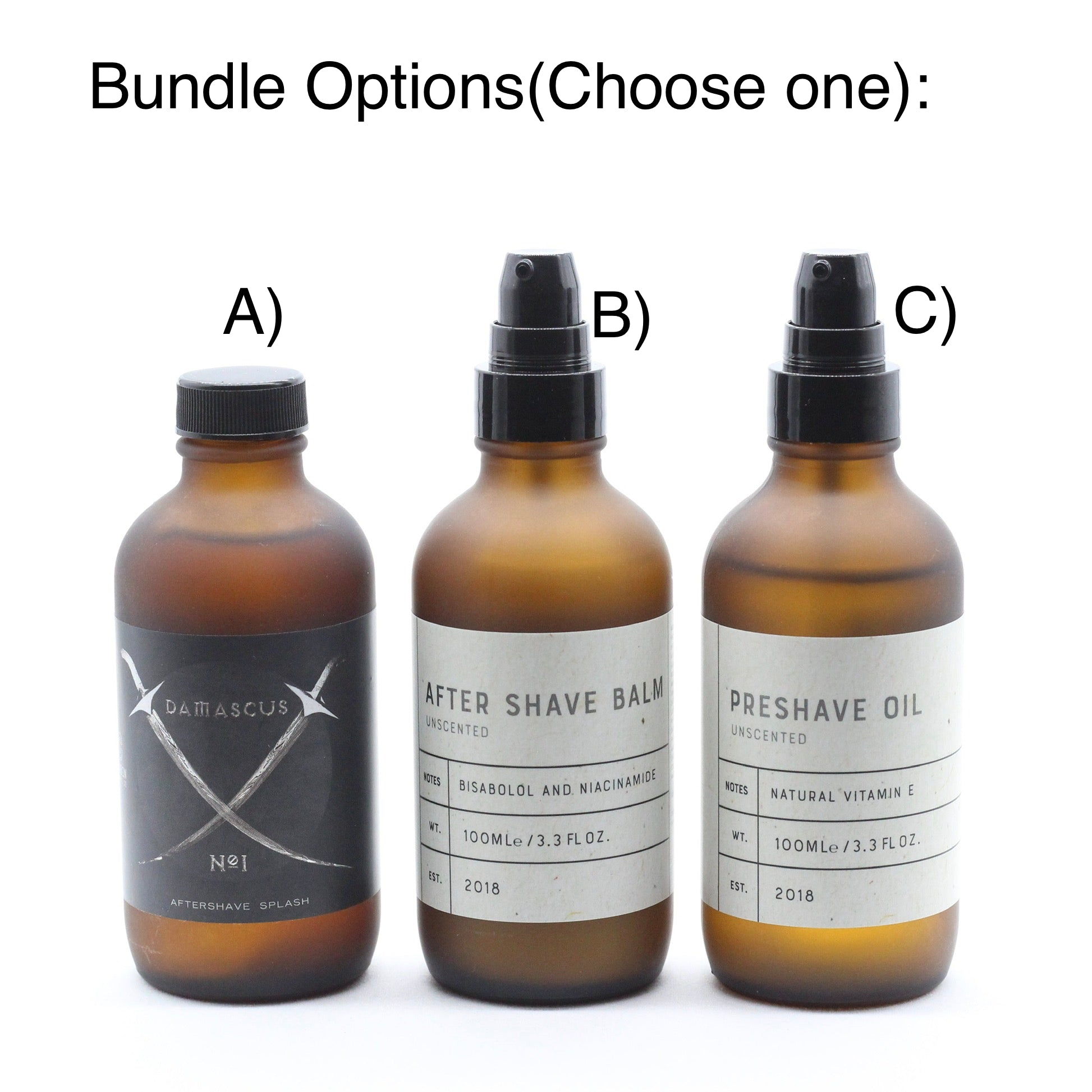 Three bottles of grooming products with labels on a white background
