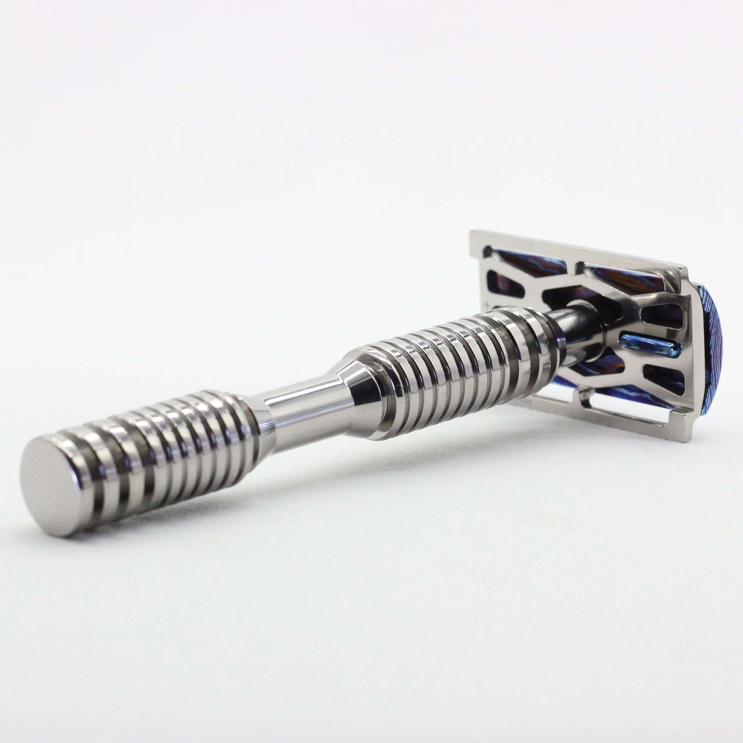 S1 handle and Web plate view -  Limited edition safety razor - Titanium Damascus - S1 handle design