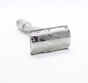 Each piece is unique - Stainless steel Damascus with twist pattern single edge razor a double edge safety razor for wet shaving polished grade 304 and 316 - custom forged in the USA - luxury high end safety razor to reduce ingrown hairs and irritation - for a smooth shave