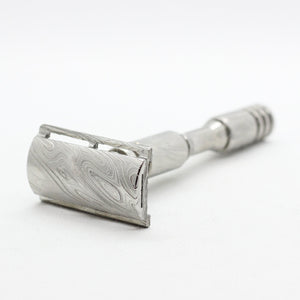 All Damascus view - Stainless steel Damascus with twist pattern single edge razor a double edge safety razor for wet shaving polished grade 304 and 316 - custom forged in the USA - luxury high end safety razor to reduce ingrown hairs and irritation - for a smooth shave
