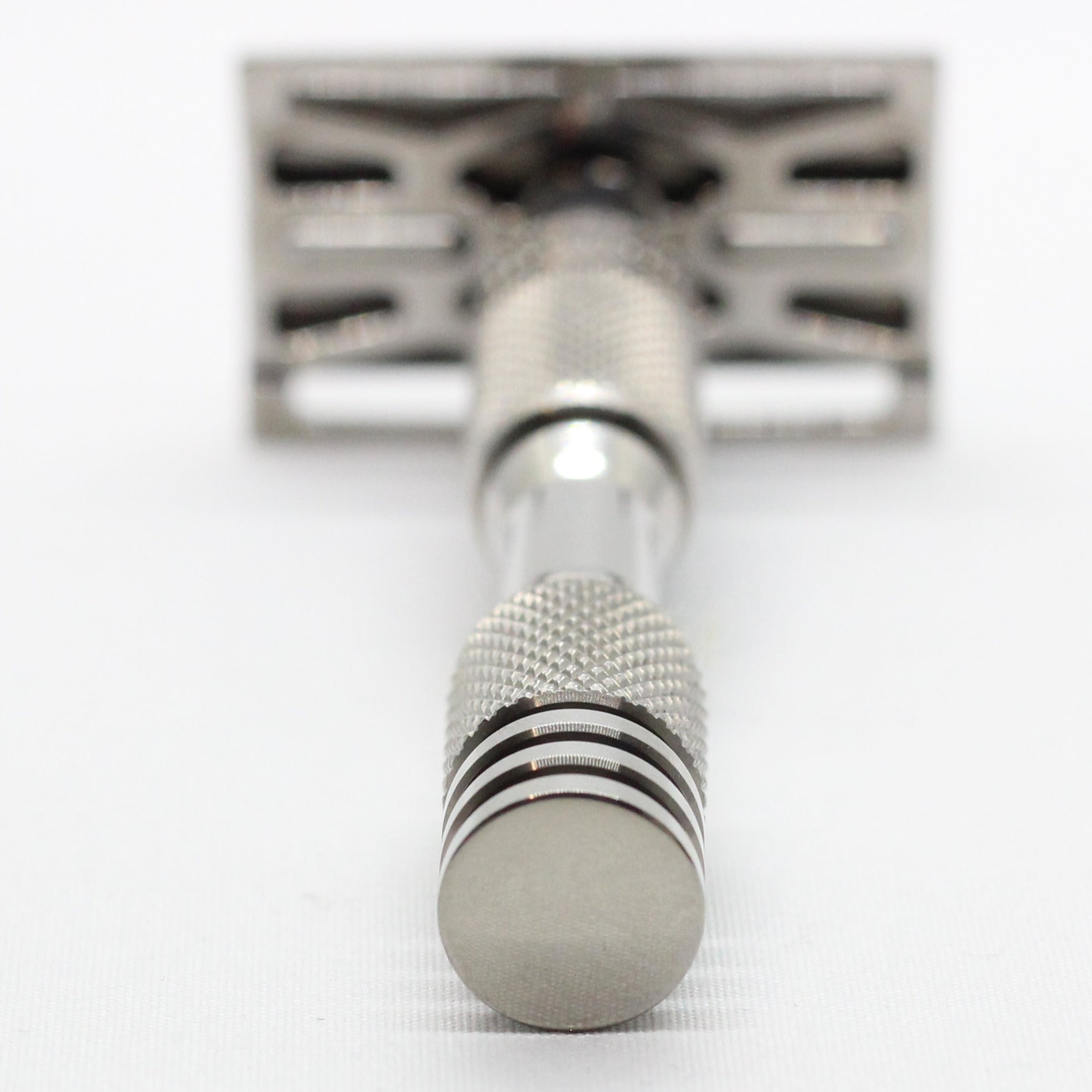 Bottom view of handle with knurling on handle view - Polished Titanium single edge razor / double edge safety razor shaving - web plate / wet shaving