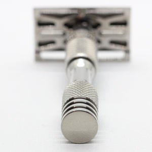 Bottom view of handle with knurling on handle view - Polished Titanium single edge razor / double edge safety razor shaving - web plate / wet shaving