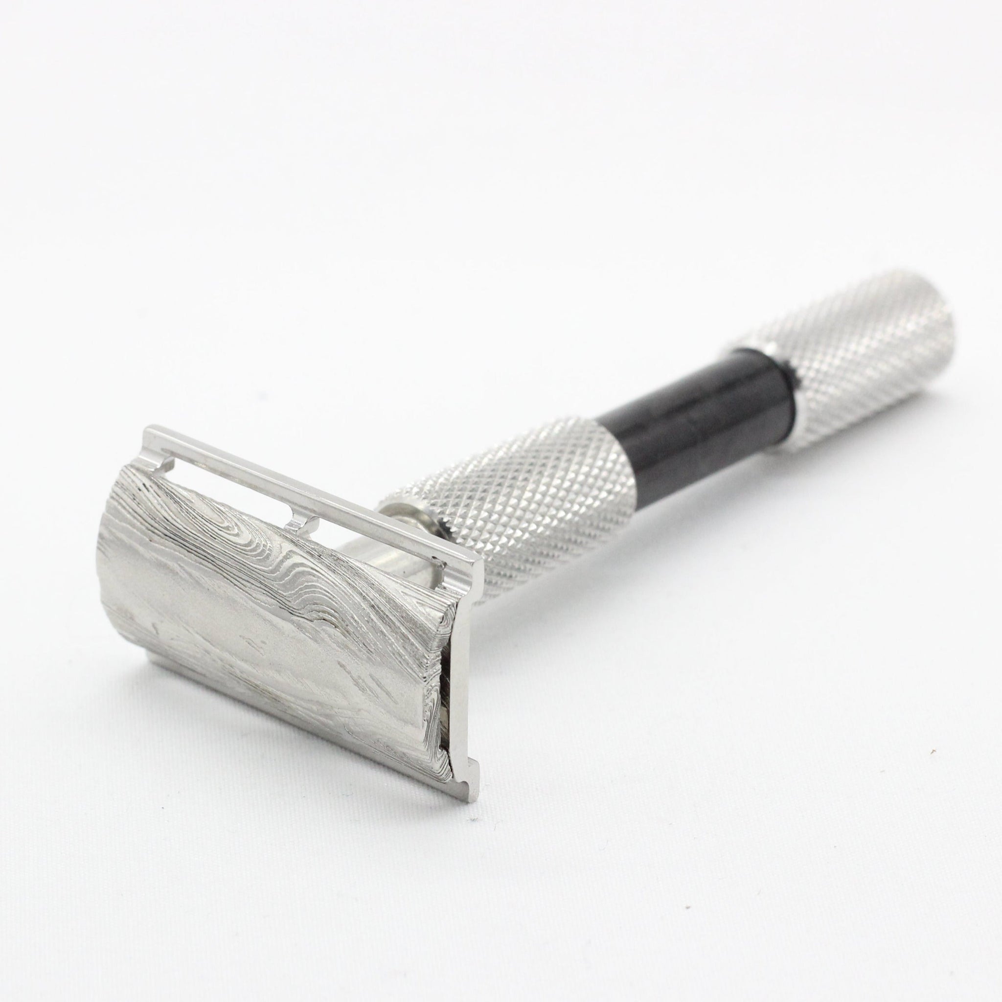Top view - Stainless Damascus with twist pattern single edge razor a double edge safety razor for wet shaving polished grade 304 and 316 - For blade placement in shaving