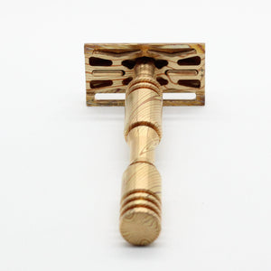 Web plate underside view of Custom high end Mokume Gane copper and brass single edge razor a double edge safety razor for wet shaving polished and heat patina on mokume gane to reduce shaving irritation