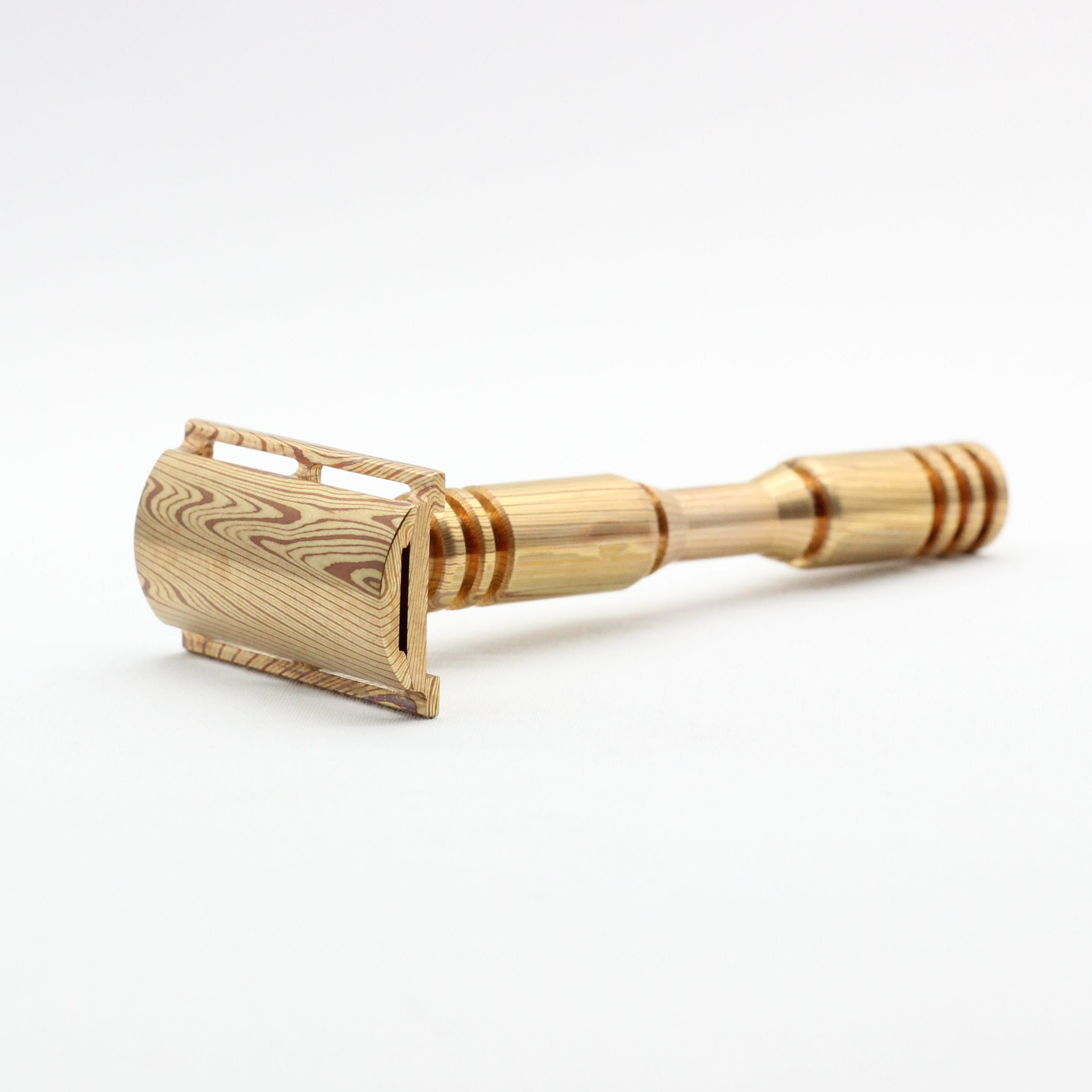 Pinch design on Custom high end Mokume Gane copper and brass single edge razor a double edge safety razor for wet shaving polished and heat patina on mokume gane to reduce shaving irritation