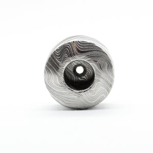 Through hall view - Stainless steel damascus safety razor stand - Custom forged grade 304 and 316 stainless steel - Tripod feet to allow water and air to flow - polished finish - works with all carbon shaving co single edge safety shavers