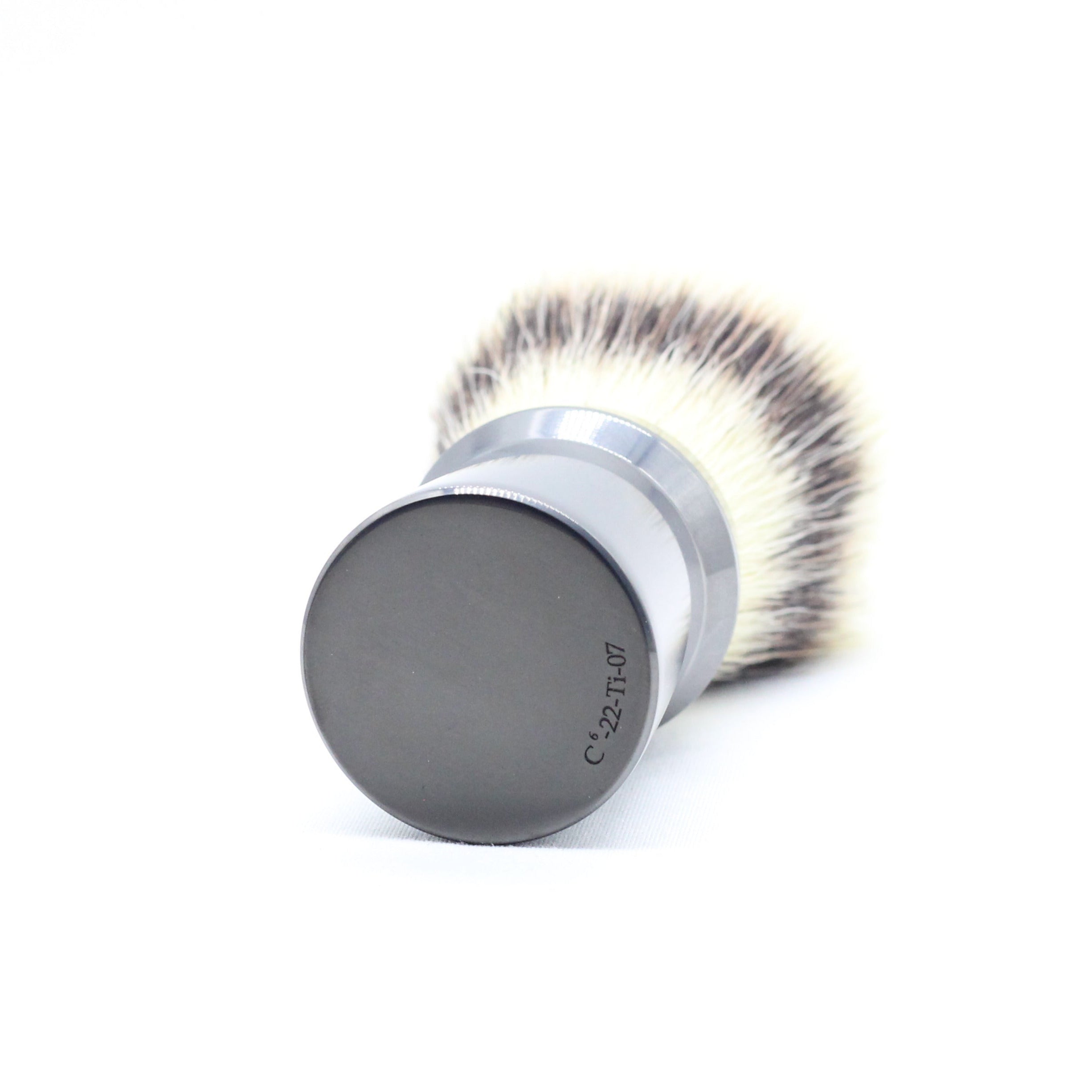 Bottom view - Titanium/DLC Shaving Brush - Hand Tied shaving knot - synthetic , not badger hair or horse hair . Cruelty free - Hand tied in Germany