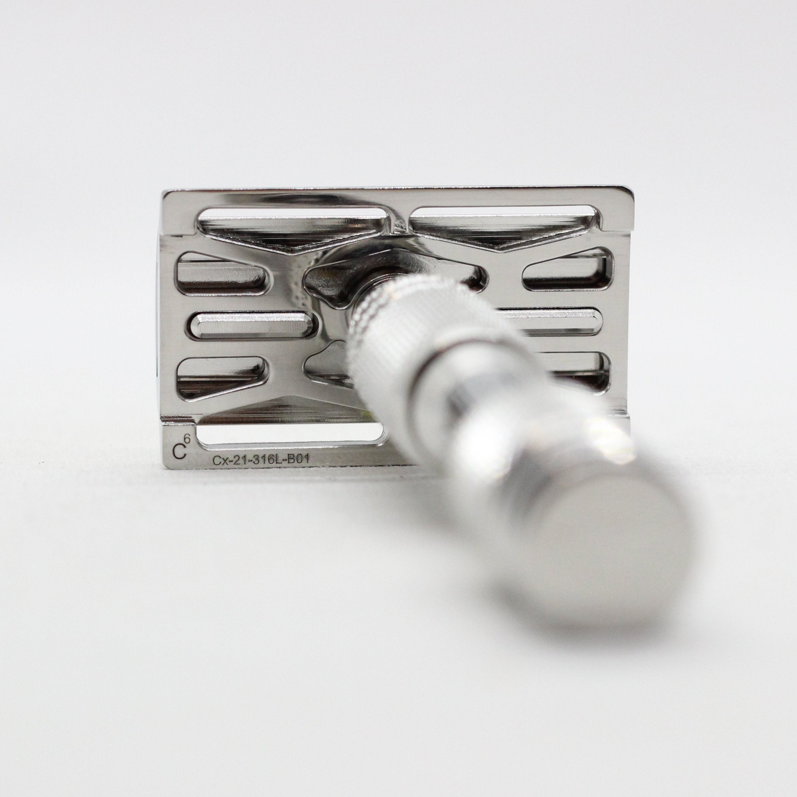 Bottom view - Polished stainless steel 316l marine grade single edge razor / double edge safety razor shaving - web plate / wet shaving